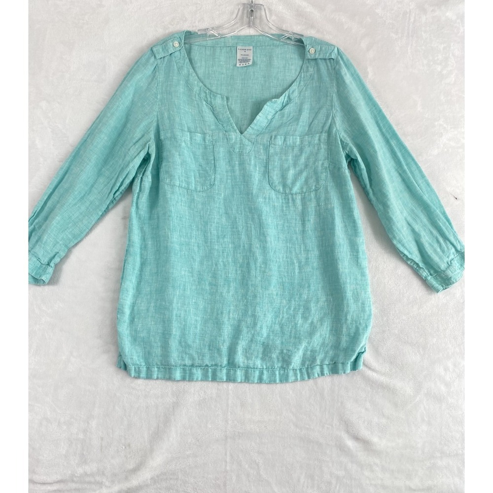 2/$30 Land's End 100% Linen Blouse Top Sz 12 Blue Coastal Beachy Summer
